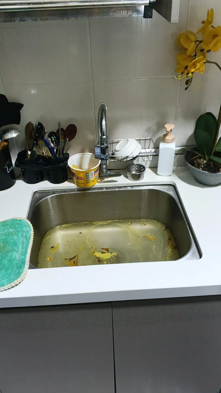 Kitchen sink holding water because of a drainage blockage