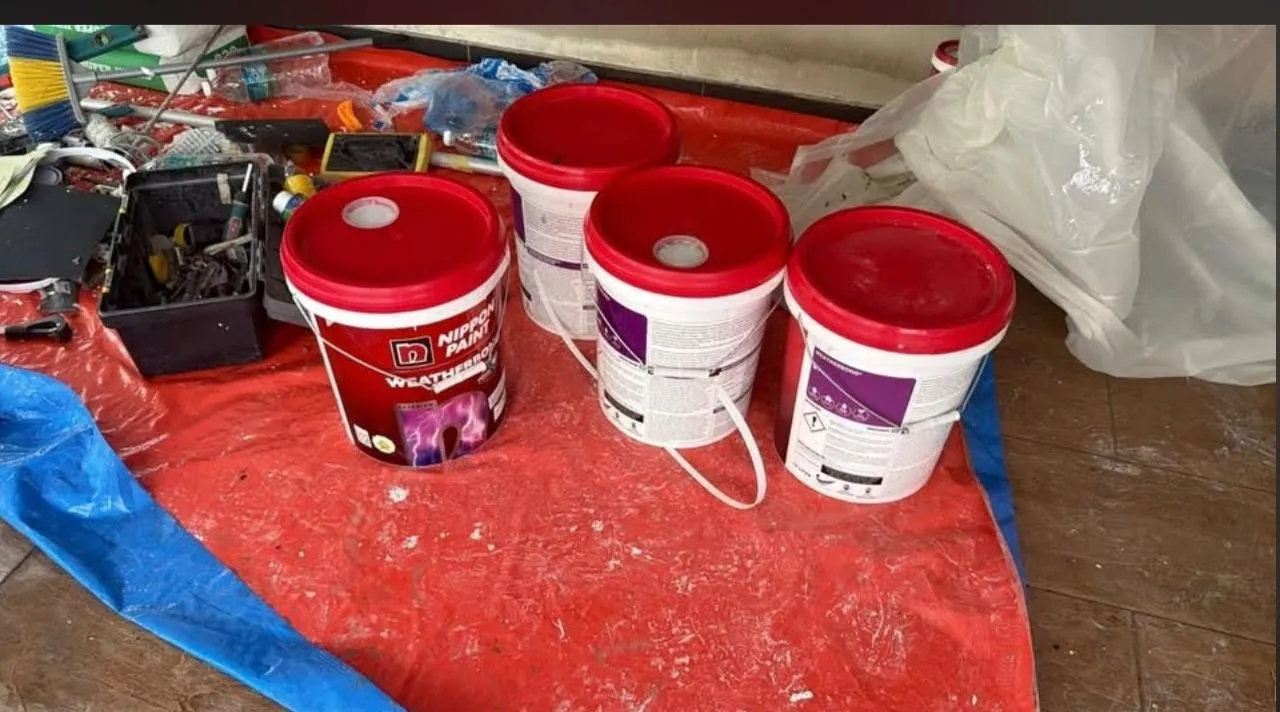 Paint containers and materials prepared for a home painting job